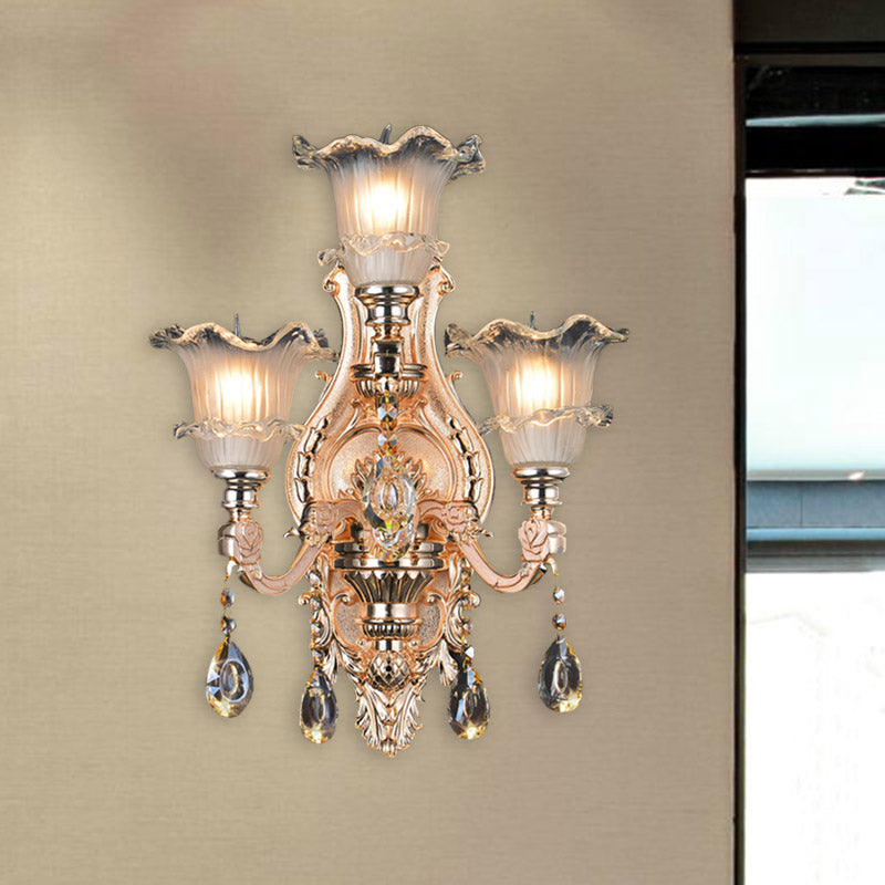 Frosted Glass Gold Wall Lamp Floral 3 Bulbs Traditionalist Wall Lighting Fixture with Crystal Accent for Restaurant Gold Clearhalo 'Wall Lamps & Sconces' 'Wall Lights' Lighting' 317363