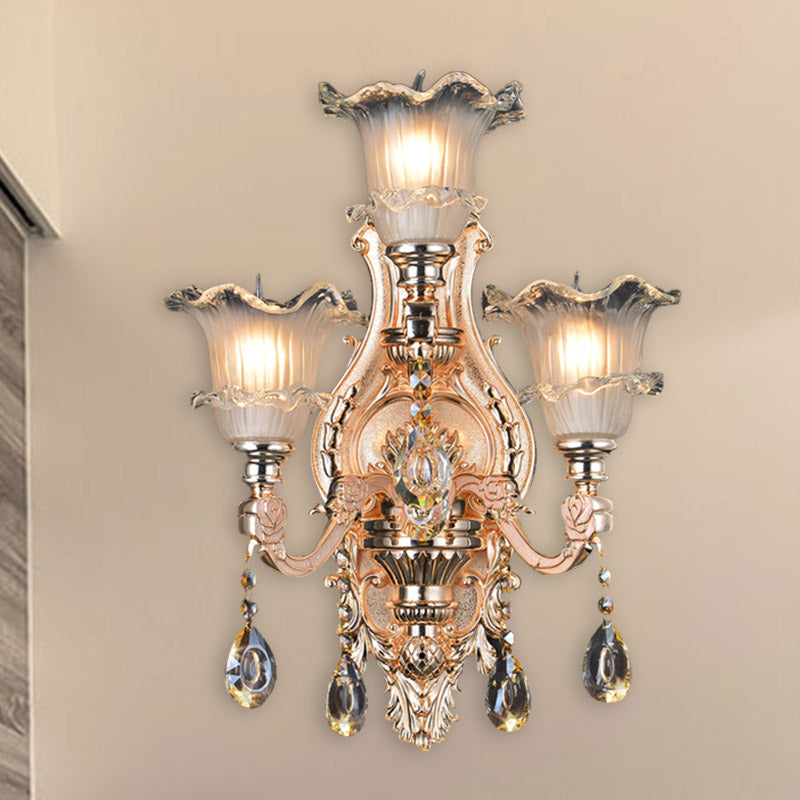 Frosted Glass Gold Wall Lamp Floral 3 Bulbs Traditionalist Wall Lighting Fixture with Crystal Accent for Restaurant Clearhalo 'Wall Lamps & Sconces' 'Wall Lights' Lighting' 317364