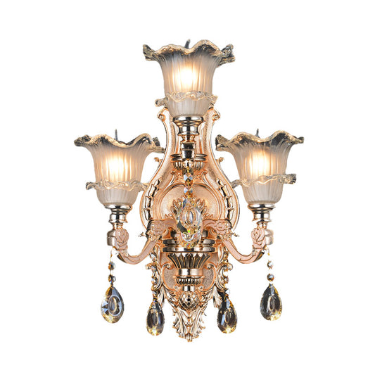 Frosted Glass Gold Wall Lamp Floral 3 Bulbs Traditionalist Wall Lighting Fixture with Crystal Accent for Restaurant Clearhalo 'Wall Lamps & Sconces' 'Wall Lights' Lighting' 317365