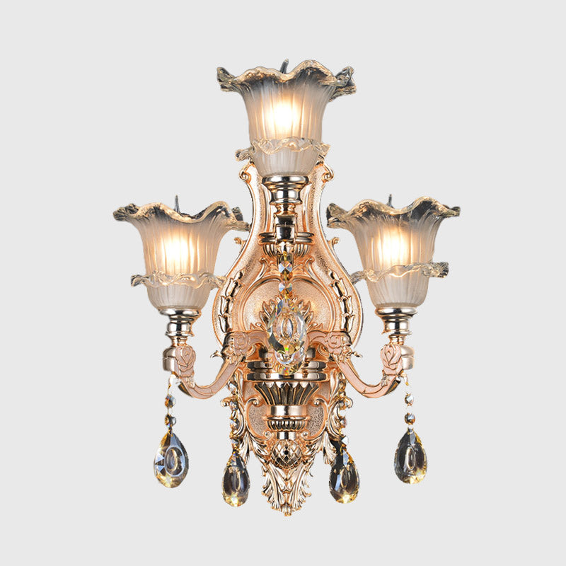 Frosted Glass Gold Wall Lamp Floral 3 Bulbs Traditionalist Wall Lighting Fixture with Crystal Accent for Restaurant Clearhalo 'Wall Lamps & Sconces' 'Wall Lights' Lighting' 317366