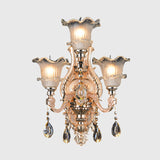 Frosted Glass Gold Wall Lamp Floral 3 Bulbs Traditionalist Wall Lighting Fixture with Crystal Accent for Restaurant Clearhalo 'Wall Lamps & Sconces' 'Wall Lights' Lighting' 317366