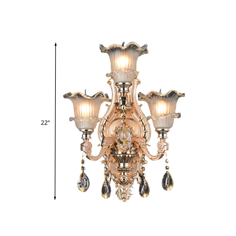 Frosted Glass Gold Wall Lamp Floral 3 Bulbs Traditionalist Wall Lighting Fixture with Crystal Accent for Restaurant Clearhalo 'Wall Lamps & Sconces' 'Wall Lights' Lighting' 317367