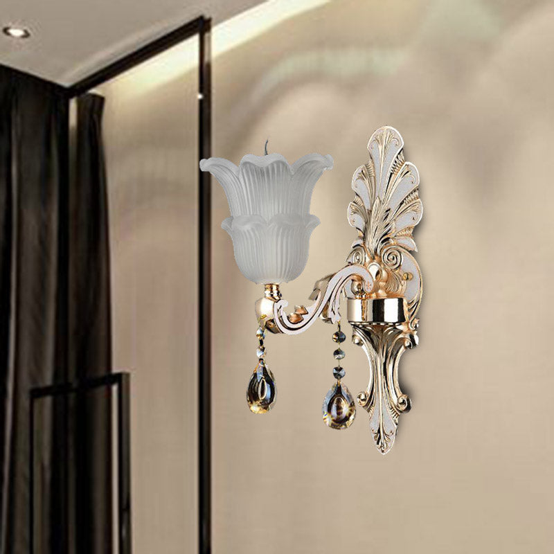 Traditional Bloom Wall Mount Lamp 1/2 Heads Clear Crystal Glass LED Wall Sconce Light in Gold 1.0 Gold Clearhalo 'Wall Lamps & Sconces' 'Wall Lights' Lighting' 317379