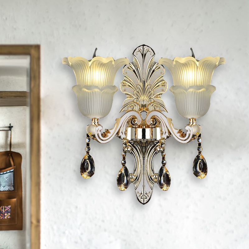 Traditional Bloom Wall Mount Lamp 1/2 Heads Clear Crystal Glass LED Wall Sconce Light in Gold 2.0 Gold Clearhalo 'Wall Lamps & Sconces' 'Wall Lights' Lighting' 317382