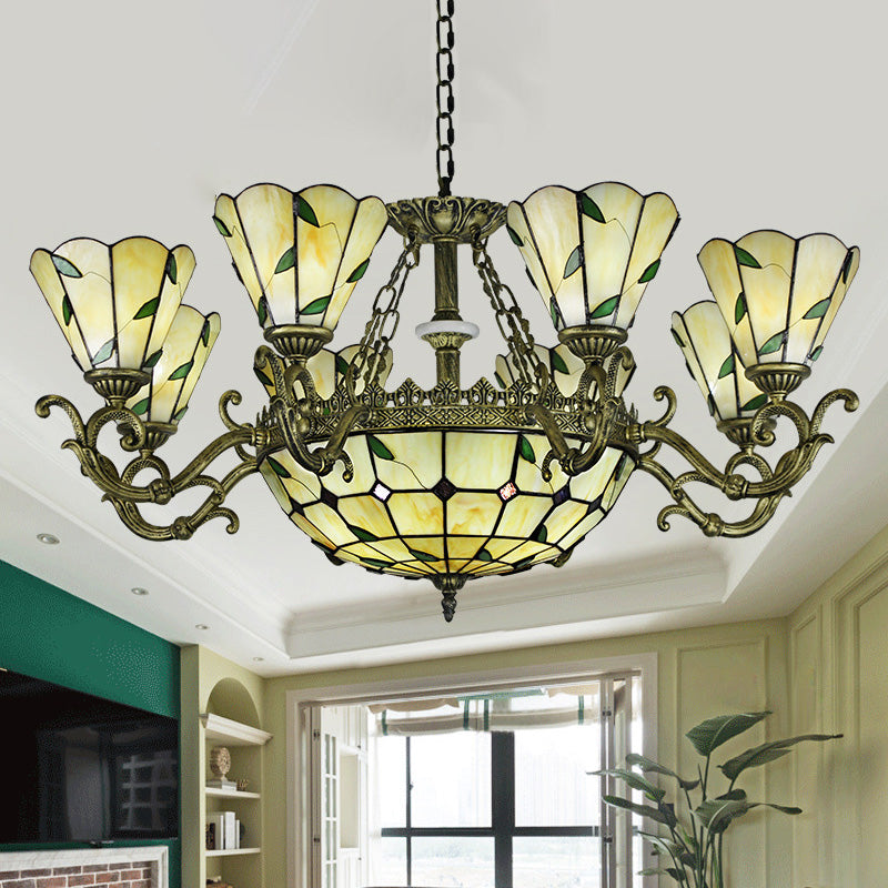 Beige Glass Green Chandelier Leaf 5/9/11 Lights Baroque Suspension Lighting Fixture for Kitchen Clearhalo 'Ceiling Lights' 'Chandeliers' 'Industrial' 'Middle Century Chandeliers' 'Tiffany Chandeliers' 'Tiffany close to ceiling' 'Tiffany' Lighting' 317387