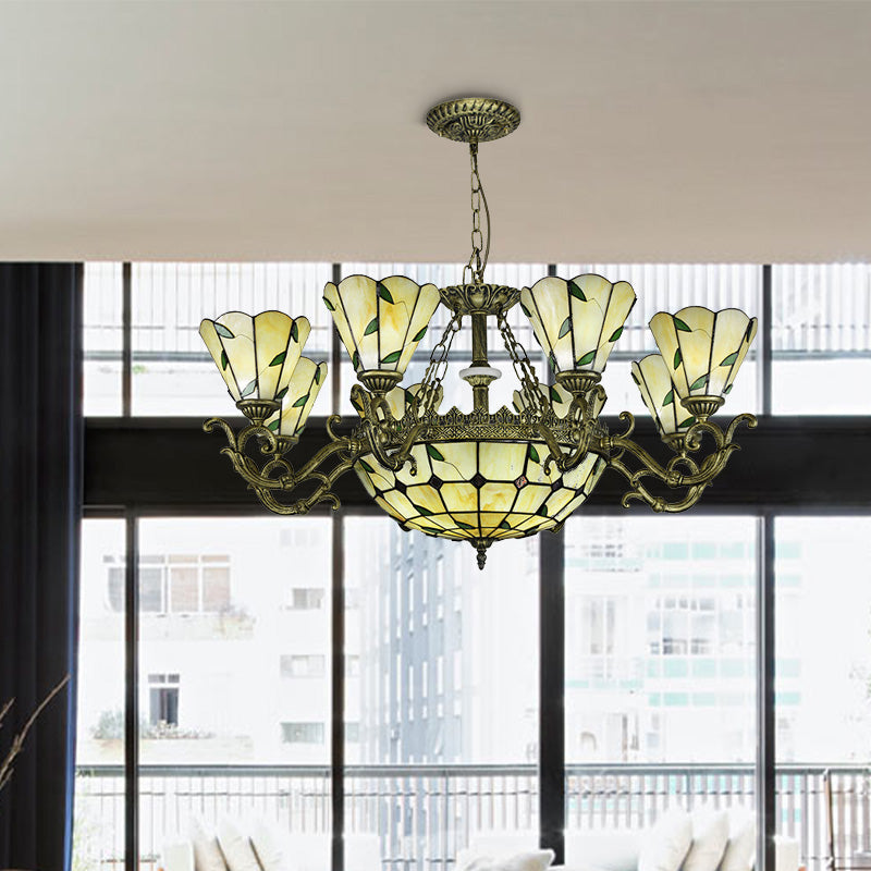 Beige Glass Green Chandelier Leaf 5/9/11 Lights Baroque Suspension Lighting Fixture for Kitchen Clearhalo 'Ceiling Lights' 'Chandeliers' 'Industrial' 'Middle Century Chandeliers' 'Tiffany Chandeliers' 'Tiffany close to ceiling' 'Tiffany' Lighting' 317388