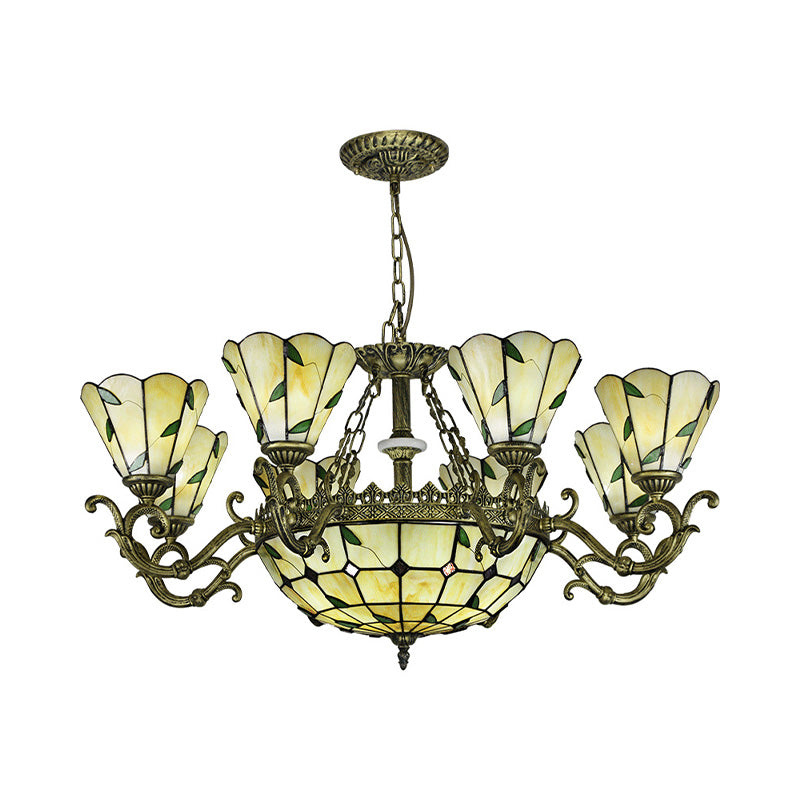 Beige Glass Green Chandelier Leaf 5/9/11 Lights Baroque Suspension Lighting Fixture for Kitchen Clearhalo 'Ceiling Lights' 'Chandeliers' 'Industrial' 'Middle Century Chandeliers' 'Tiffany Chandeliers' 'Tiffany close to ceiling' 'Tiffany' Lighting' 317389