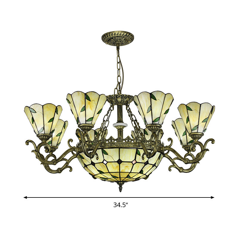 Beige Glass Green Chandelier Leaf 5/9/11 Lights Baroque Suspension Lighting Fixture for Kitchen Clearhalo 'Ceiling Lights' 'Chandeliers' 'Industrial' 'Middle Century Chandeliers' 'Tiffany Chandeliers' 'Tiffany close to ceiling' 'Tiffany' Lighting' 317390