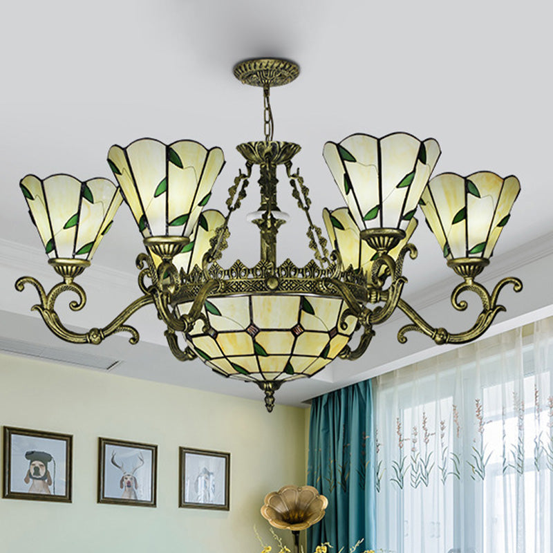 Beige Glass Green Chandelier Leaf 5/9/11 Lights Baroque Suspension Lighting Fixture for Kitchen 9 Green Clearhalo 'Ceiling Lights' 'Chandeliers' 'Industrial' 'Middle Century Chandeliers' 'Tiffany Chandeliers' 'Tiffany close to ceiling' 'Tiffany' Lighting' 317391