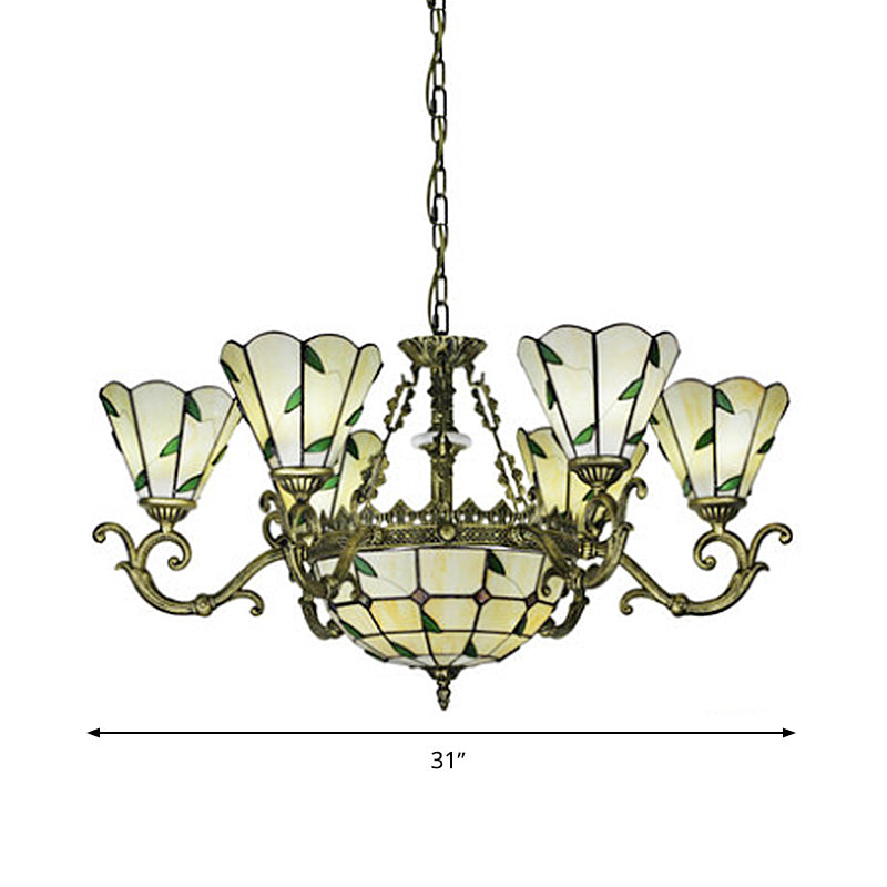 Beige Glass Green Chandelier Leaf 5/9/11 Lights Baroque Suspension Lighting Fixture for Kitchen Clearhalo 'Ceiling Lights' 'Chandeliers' 'Industrial' 'Middle Century Chandeliers' 'Tiffany Chandeliers' 'Tiffany close to ceiling' 'Tiffany' Lighting' 317393