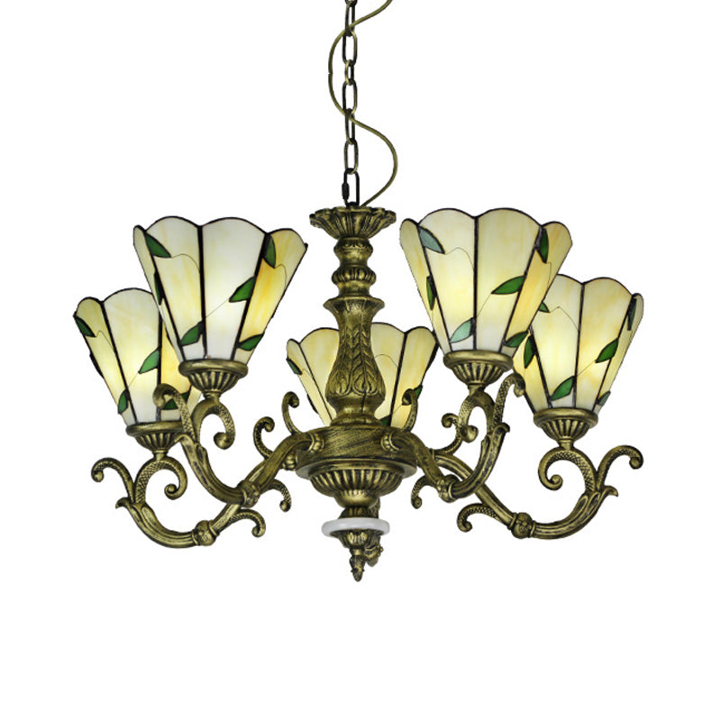 Beige Glass Green Chandelier Leaf 5/9/11 Lights Baroque Suspension Lighting Fixture for Kitchen Clearhalo 'Ceiling Lights' 'Chandeliers' 'Industrial' 'Middle Century Chandeliers' 'Tiffany Chandeliers' 'Tiffany close to ceiling' 'Tiffany' Lighting' 317396