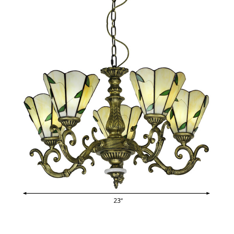 Beige Glass Green Chandelier Leaf 5/9/11 Lights Baroque Suspension Lighting Fixture for Kitchen Clearhalo 'Ceiling Lights' 'Chandeliers' 'Industrial' 'Middle Century Chandeliers' 'Tiffany Chandeliers' 'Tiffany close to ceiling' 'Tiffany' Lighting' 317397