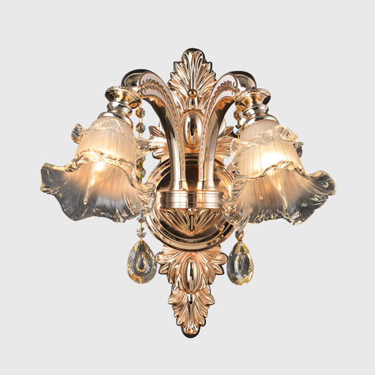 1/2 Lights Crystal Wall Sconce Traditionalist Gold Flower Living Room Wall Mounted Light Clearhalo 'Wall Lamps & Sconces' 'Wall Lights' Lighting' 317426