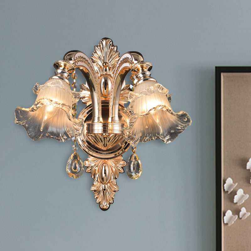 1/2 Lights Crystal Wall Sconce Traditionalist Gold Flower Living Room Wall Mounted Light Clearhalo 'Wall Lamps & Sconces' 'Wall Lights' Lighting' 317427