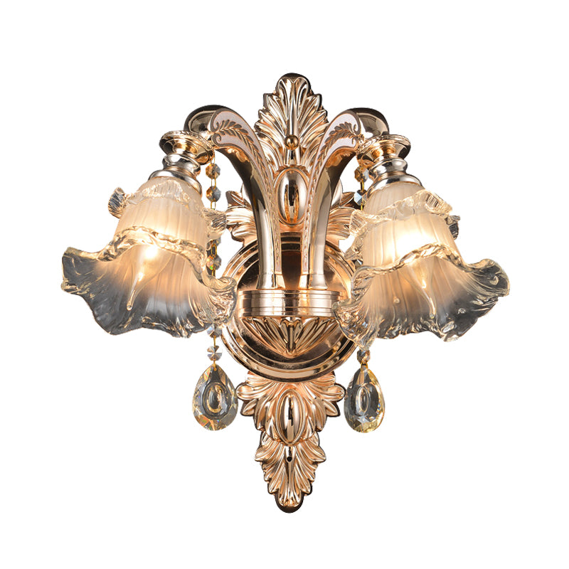 1/2 Lights Crystal Wall Sconce Traditionalist Gold Flower Living Room Wall Mounted Light Clearhalo 'Wall Lamps & Sconces' 'Wall Lights' Lighting' 317429