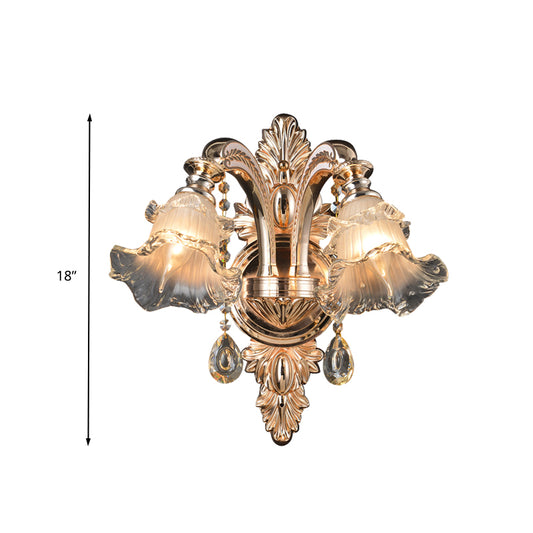 1/2 Lights Crystal Wall Sconce Traditionalist Gold Flower Living Room Wall Mounted Light Clearhalo 'Wall Lamps & Sconces' 'Wall Lights' Lighting' 317430