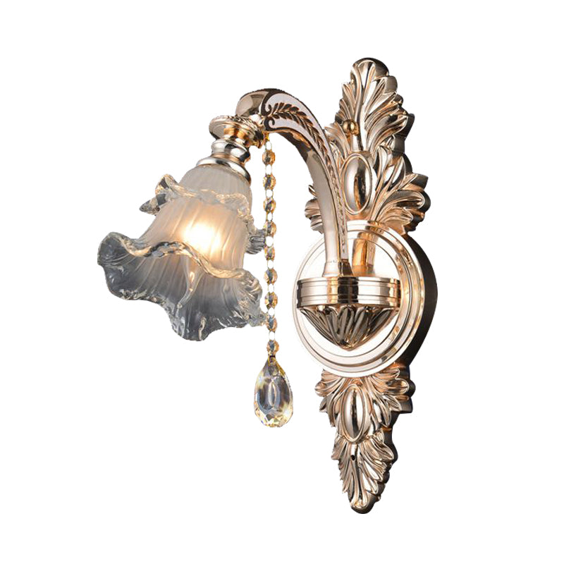 1/2 Lights Crystal Wall Sconce Traditionalist Gold Flower Living Room Wall Mounted Light 1.0 Gold Clearhalo 'Wall Lamps & Sconces' 'Wall Lights' Lighting' 317431