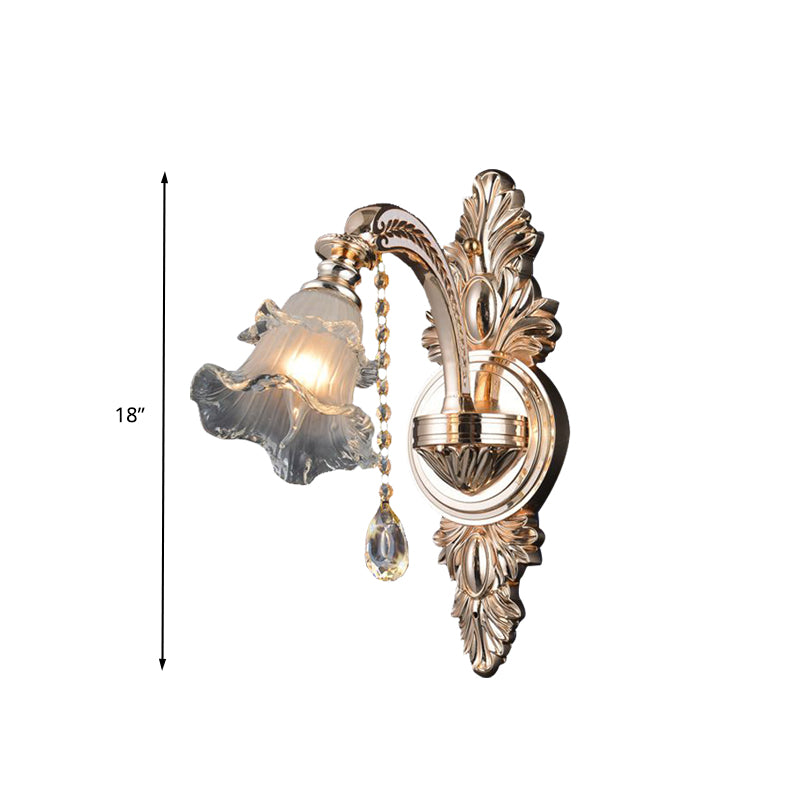 1/2 Lights Crystal Wall Sconce Traditionalist Gold Flower Living Room Wall Mounted Light Clearhalo 'Wall Lamps & Sconces' 'Wall Lights' Lighting' 317432