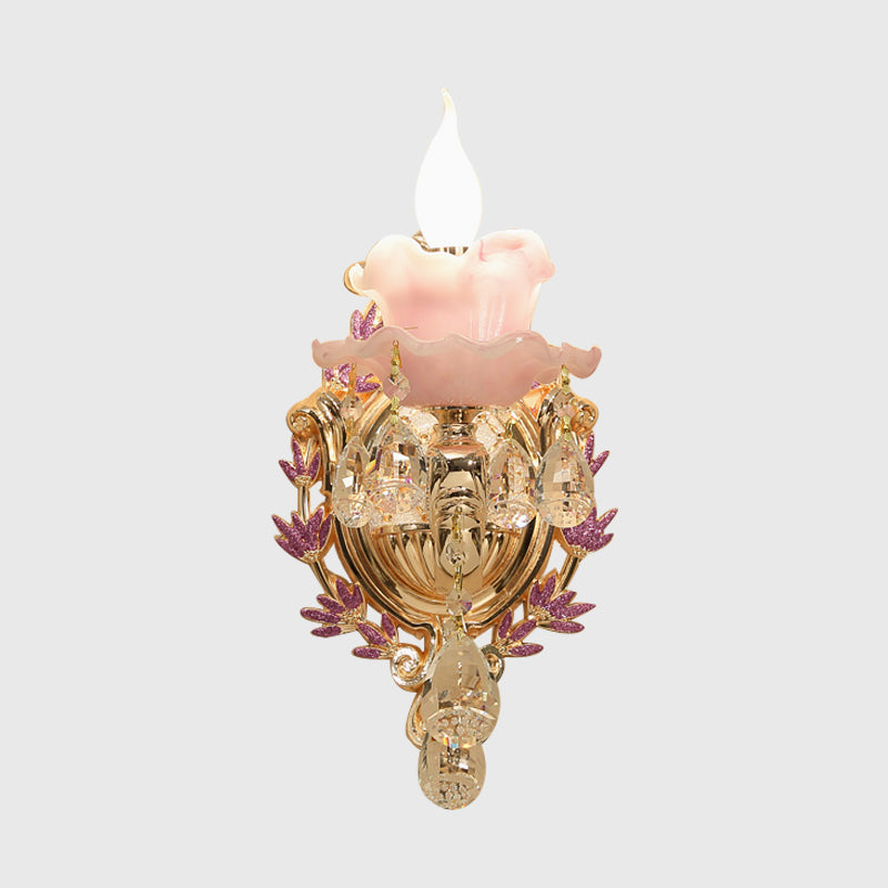 Candle Bedroom Wall Sconce Light Vintage Clear Crystal Glass 1/2 Heads Gold Wall Lighting Fixture Clearhalo 'Wall Lamps & Sconces' 'Wall Lights' Lighting' 317436