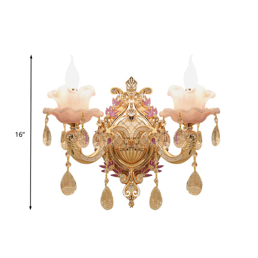 Candle Bedroom Wall Sconce Light Vintage Clear Crystal Glass 1/2 Heads Gold Wall Lighting Fixture Clearhalo 'Wall Lamps & Sconces' 'Wall Lights' Lighting' 317440