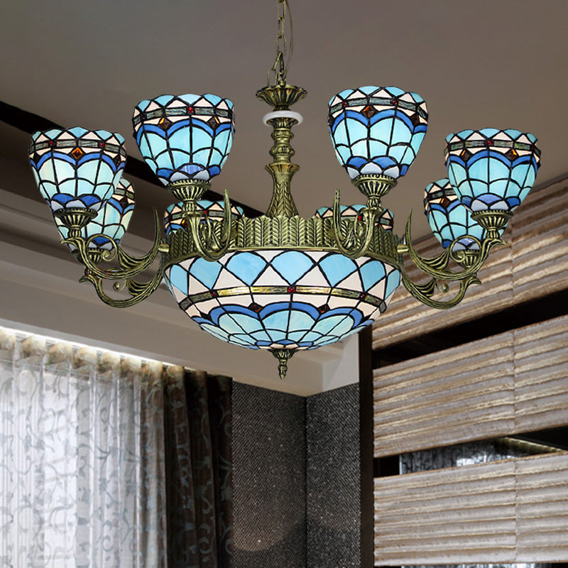Curved Arm Hanging Chandelier 5/9/11 Lights Cut Glass Victorian Suspension Lighting in Blue for Bedroom Clearhalo 'Ceiling Lights' 'Chandeliers' 'Industrial' 'Middle Century Chandeliers' 'Tiffany Chandeliers' 'Tiffany close to ceiling' 'Tiffany' Lighting' 317480