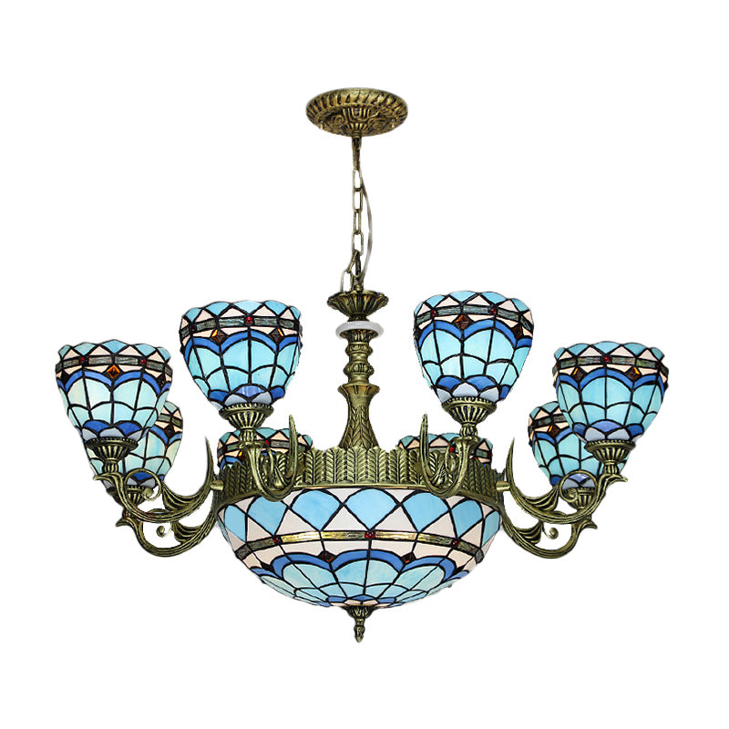 Curved Arm Hanging Chandelier 5/9/11 Lights Cut Glass Victorian Suspension Lighting in Blue for Bedroom Clearhalo 'Ceiling Lights' 'Chandeliers' 'Industrial' 'Middle Century Chandeliers' 'Tiffany Chandeliers' 'Tiffany close to ceiling' 'Tiffany' Lighting' 317482