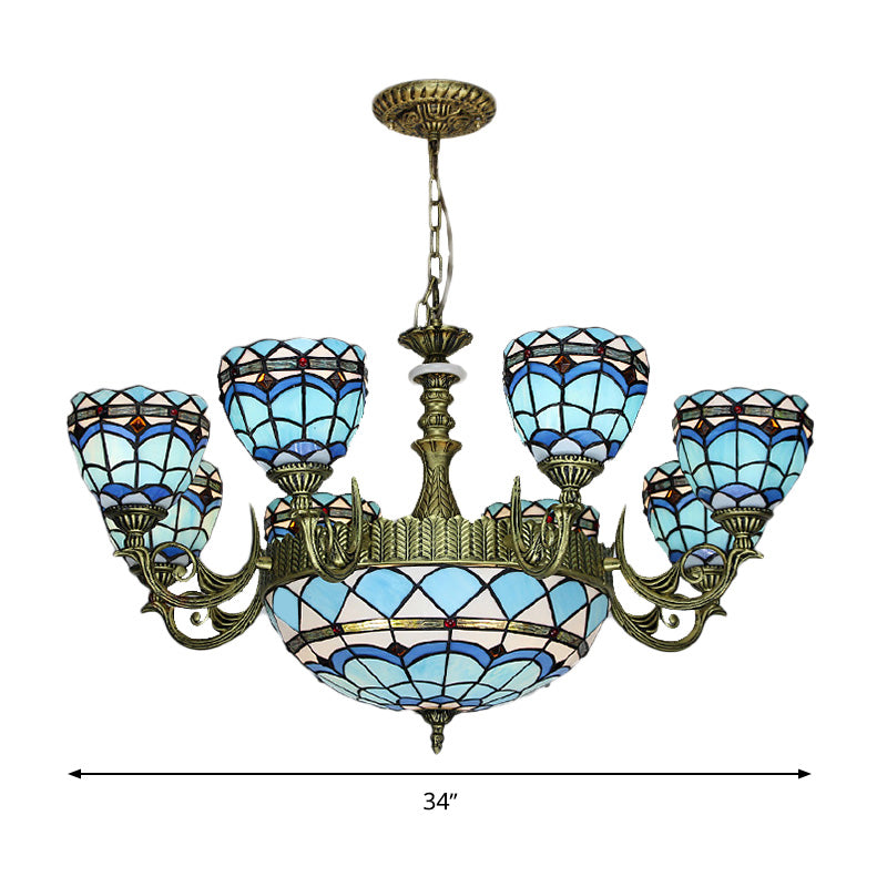 Curved Arm Hanging Chandelier 5/9/11 Lights Cut Glass Victorian Suspension Lighting in Blue for Bedroom Clearhalo 'Ceiling Lights' 'Chandeliers' 'Industrial' 'Middle Century Chandeliers' 'Tiffany Chandeliers' 'Tiffany close to ceiling' 'Tiffany' Lighting' 317483