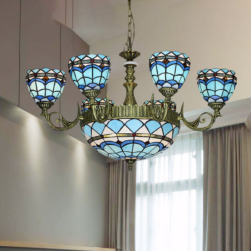 Curved Arm Hanging Chandelier 5/9/11 Lights Cut Glass Victorian Suspension Lighting in Blue for Bedroom 9 Blue Clearhalo 'Ceiling Lights' 'Chandeliers' 'Industrial' 'Middle Century Chandeliers' 'Tiffany Chandeliers' 'Tiffany close to ceiling' 'Tiffany' Lighting' 317484