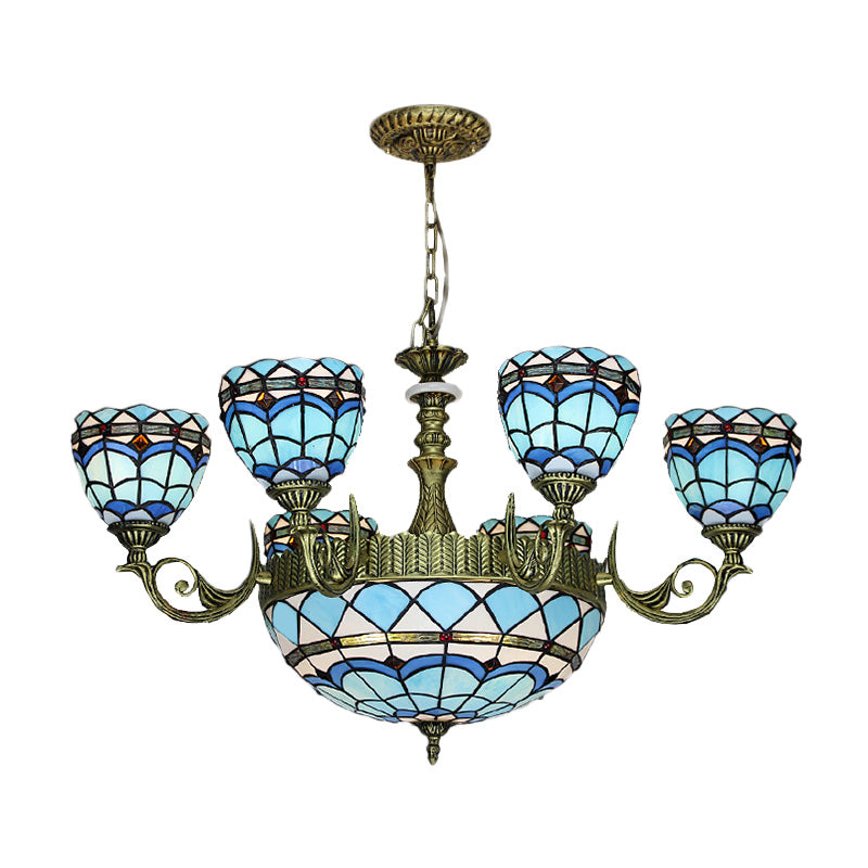 Curved Arm Hanging Chandelier 5/9/11 Lights Cut Glass Victorian Suspension Lighting in Blue for Bedroom Clearhalo 'Ceiling Lights' 'Chandeliers' 'Industrial' 'Middle Century Chandeliers' 'Tiffany Chandeliers' 'Tiffany close to ceiling' 'Tiffany' Lighting' 317486