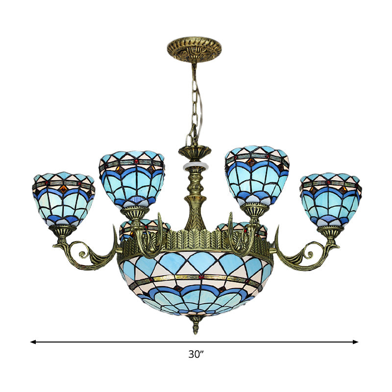 Curved Arm Hanging Chandelier 5/9/11 Lights Cut Glass Victorian Suspension Lighting in Blue for Bedroom Clearhalo 'Ceiling Lights' 'Chandeliers' 'Industrial' 'Middle Century Chandeliers' 'Tiffany Chandeliers' 'Tiffany close to ceiling' 'Tiffany' Lighting' 317487
