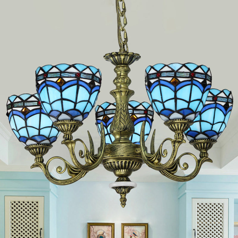 Curved Arm Hanging Chandelier 5/9/11 Lights Cut Glass Victorian Suspension Lighting in Blue for Bedroom 5 Blue Clearhalo 'Ceiling Lights' 'Chandeliers' 'Industrial' 'Middle Century Chandeliers' 'Tiffany Chandeliers' 'Tiffany close to ceiling' 'Tiffany' Lighting' 317488