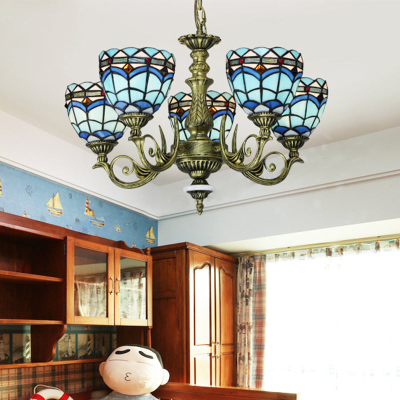 Curved Arm Hanging Chandelier 5/9/11 Lights Cut Glass Victorian Suspension Lighting in Blue for Bedroom Clearhalo 'Ceiling Lights' 'Chandeliers' 'Industrial' 'Middle Century Chandeliers' 'Tiffany Chandeliers' 'Tiffany close to ceiling' 'Tiffany' Lighting' 317489