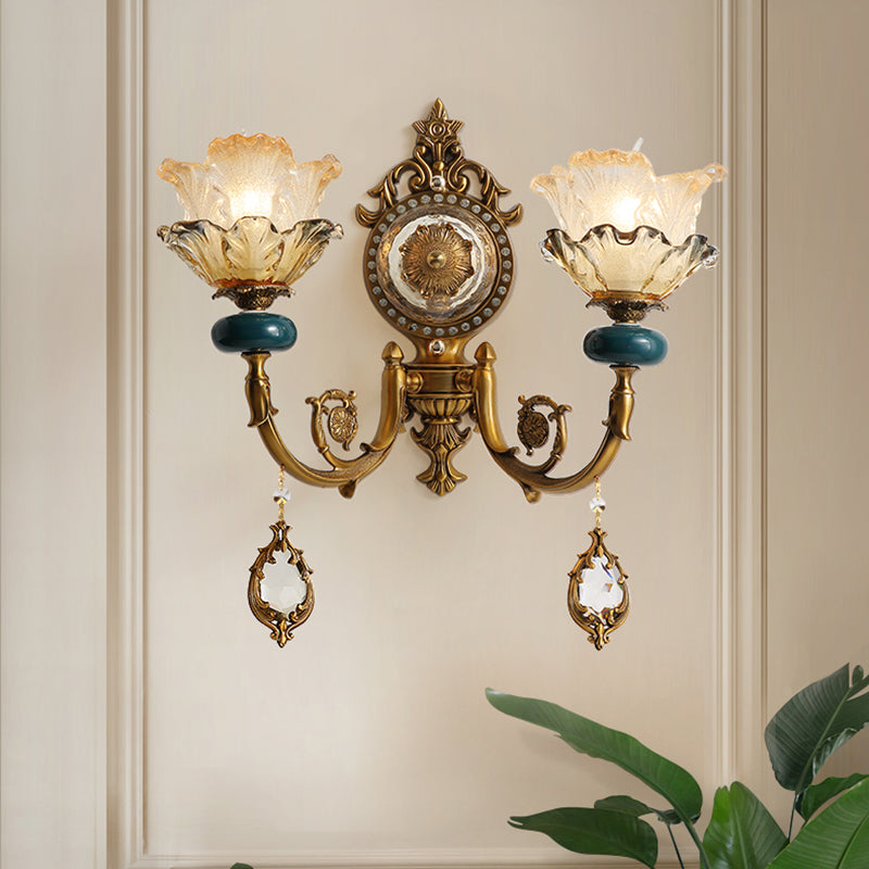 Traditionalist Floral Wall Mount Lamp 1/2 Heads Metal Wall Sconce Lighting in Gold with Crystal Accent 2.0 Gold Clearhalo 'Wall Lamps & Sconces' 'Wall Lights' Lighting' 317514