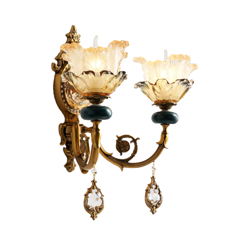 Traditionalist Floral Wall Mount Lamp 1/2 Heads Metal Wall Sconce Lighting in Gold with Crystal Accent Clearhalo 'Wall Lamps & Sconces' 'Wall Lights' Lighting' 317517