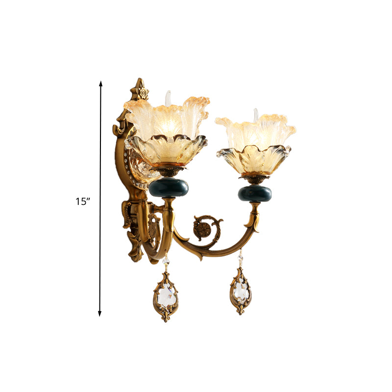 Traditionalist Floral Wall Mount Lamp 1/2 Heads Metal Wall Sconce Lighting in Gold with Crystal Accent Clearhalo 'Wall Lamps & Sconces' 'Wall Lights' Lighting' 317518