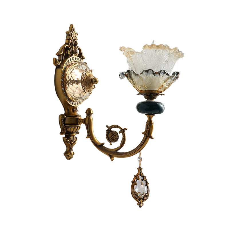 Traditionalist Floral Wall Mount Lamp 1/2 Heads Metal Wall Sconce Lighting in Gold with Crystal Accent Clearhalo 'Wall Lamps & Sconces' 'Wall Lights' Lighting' 317521