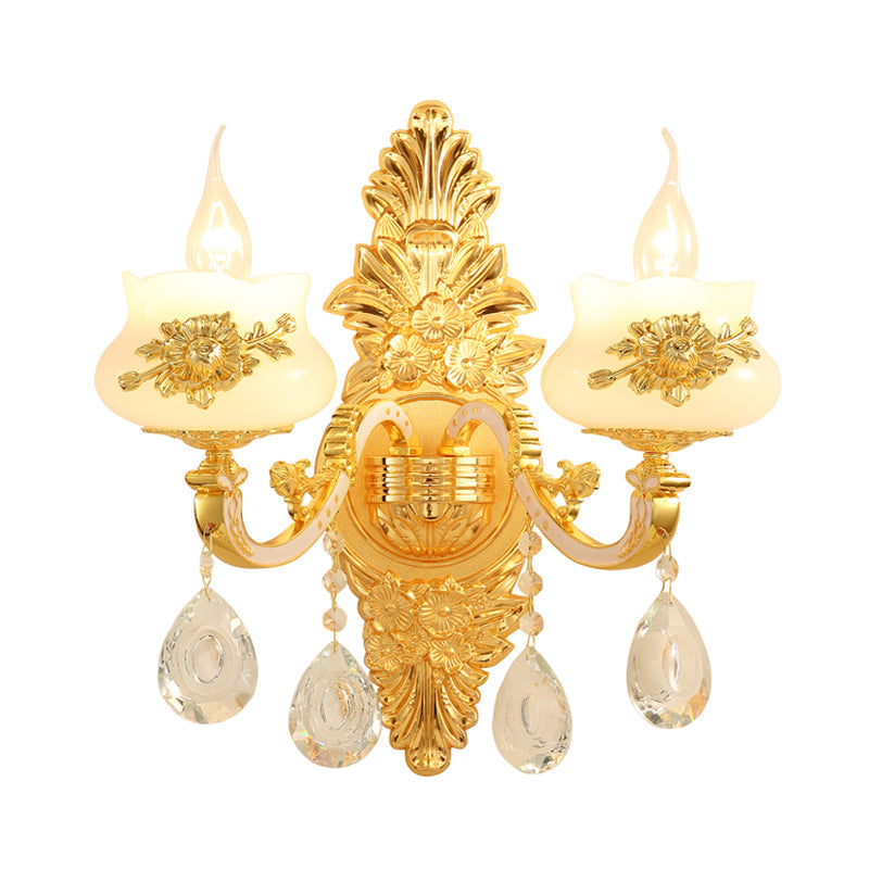 1/2 Bulbs Wall Light Sconce Traditional Living Room Wall Lighting Fixture with White Glass Shade in Gold Clearhalo 'Wall Lamps & Sconces' 'Wall Lights' Lighting' 317561