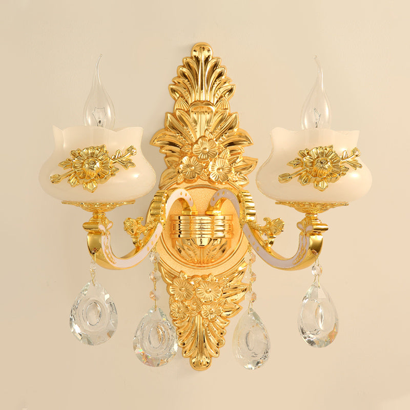 1/2 Bulbs Wall Light Sconce Traditional Living Room Wall Lighting Fixture with White Glass Shade in Gold Clearhalo 'Wall Lamps & Sconces' 'Wall Lights' Lighting' 317562