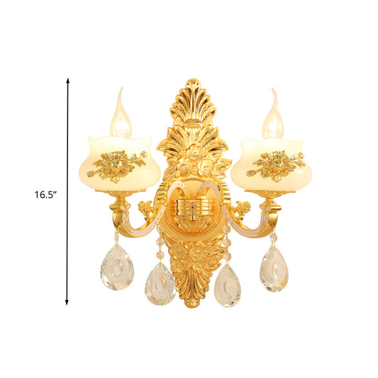 1/2 Bulbs Wall Light Sconce Traditional Living Room Wall Lighting Fixture with White Glass Shade in Gold Clearhalo 'Wall Lamps & Sconces' 'Wall Lights' Lighting' 317563