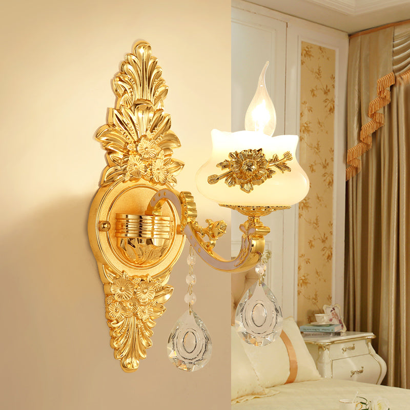 1/2 Bulbs Wall Light Sconce Traditional Living Room Wall Lighting Fixture with White Glass Shade in Gold 1.0 Gold Clearhalo 'Wall Lamps & Sconces' 'Wall Lights' Lighting' 317564