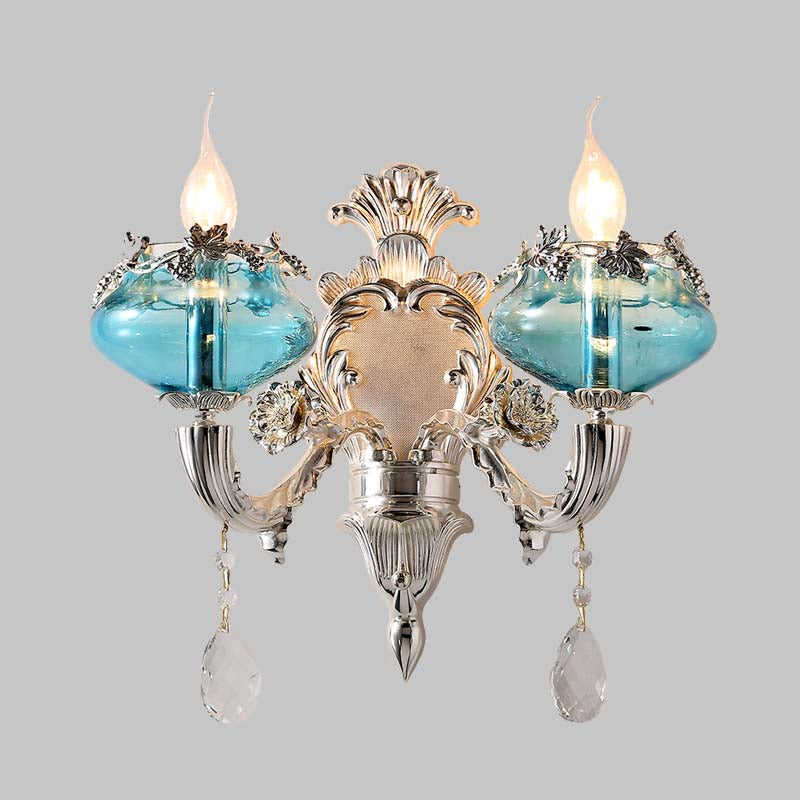 Candle Bedroom Sconce Light Antique Blue Glass 1/2 Heads Chrome Wall Lighting Fixture with Dangling Crystal Accent Clearhalo 'Wall Lamps & Sconces' 'Wall Lights' Lighting' 317584