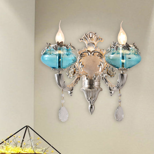 Candle Bedroom Sconce Light Antique Blue Glass 1/2 Heads Chrome Wall Lighting Fixture with Dangling Crystal Accent Clearhalo 'Wall Lamps & Sconces' 'Wall Lights' Lighting' 317585