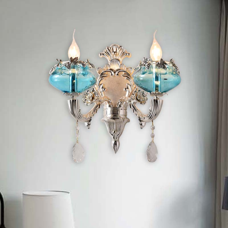 Candle Bedroom Sconce Light Antique Blue Glass 1/2 Heads Chrome Wall Lighting Fixture with Dangling Crystal Accent 2.0 Chrome Clearhalo 'Wall Lamps & Sconces' 'Wall Lights' Lighting' 317586