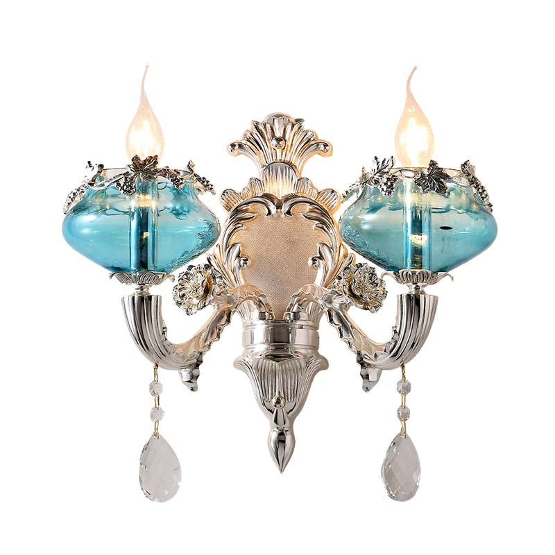 Candle Bedroom Sconce Light Antique Blue Glass 1/2 Heads Chrome Wall Lighting Fixture with Dangling Crystal Accent Clearhalo 'Wall Lamps & Sconces' 'Wall Lights' Lighting' 317587