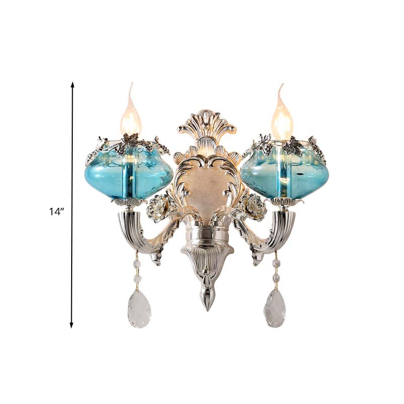 Candle Bedroom Sconce Light Antique Blue Glass 1/2 Heads Chrome Wall Lighting Fixture with Dangling Crystal Accent Clearhalo 'Wall Lamps & Sconces' 'Wall Lights' Lighting' 317588