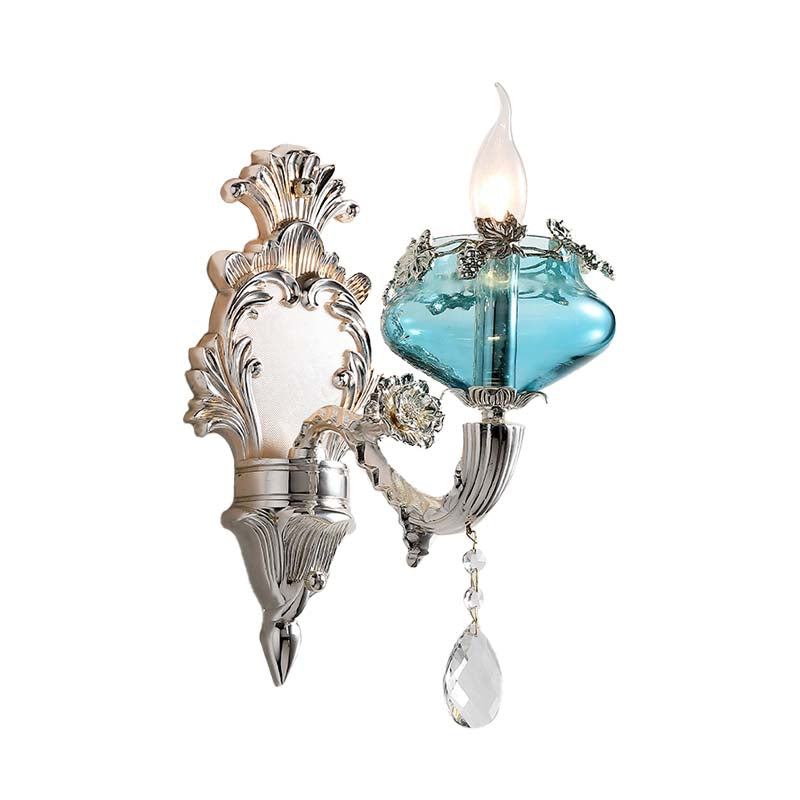 Candle Bedroom Sconce Light Antique Blue Glass 1/2 Heads Chrome Wall Lighting Fixture with Dangling Crystal Accent 1.0 Chrome Clearhalo 'Wall Lamps & Sconces' 'Wall Lights' Lighting' 317589