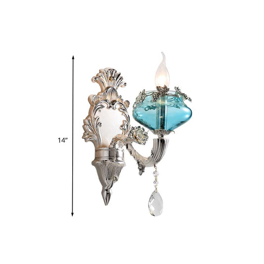 Candle Bedroom Sconce Light Antique Blue Glass 1/2 Heads Chrome Wall Lighting Fixture with Dangling Crystal Accent Clearhalo 'Wall Lamps & Sconces' 'Wall Lights' Lighting' 317590