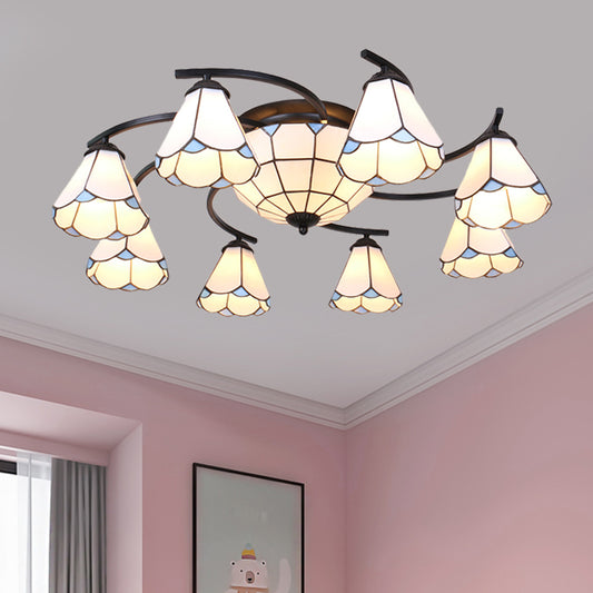 Dome/Conical Semi Flush Mount 11 Lights White/Blue Glass Mediterranean Ceiling Lamp for Living Room Clearhalo 'Ceiling Lights' 'Close To Ceiling Lights' 'Close to ceiling' 'Flush mount' Lighting' 317929