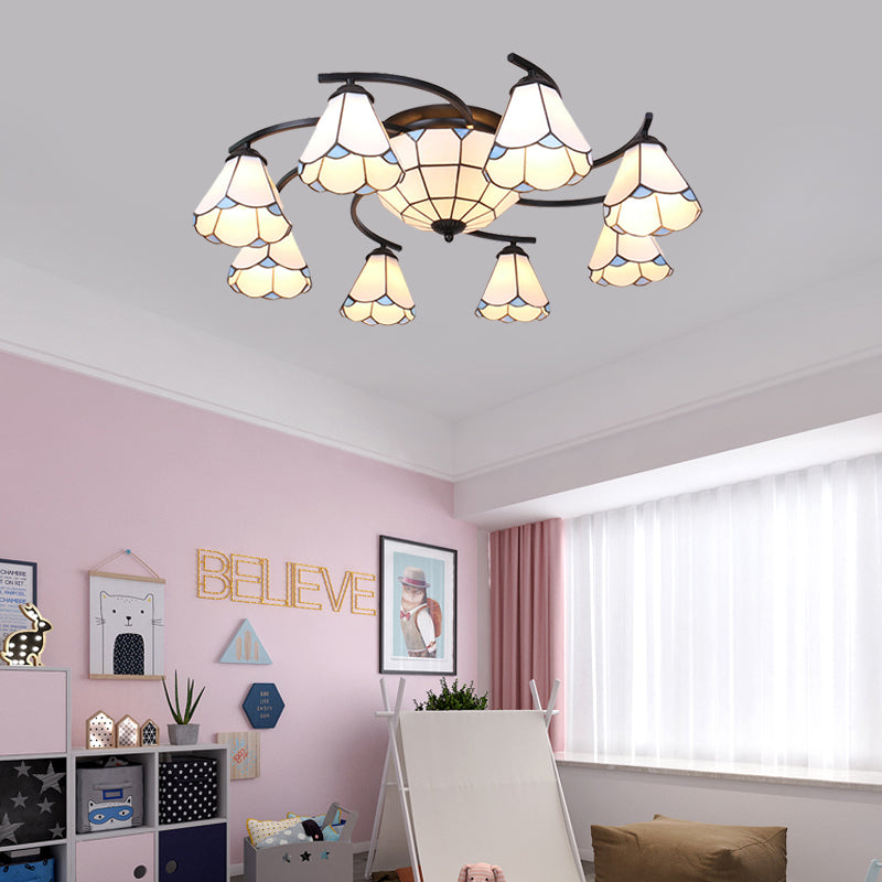 Dome/Conical Semi Flush Mount 11 Lights White/Blue Glass Mediterranean Ceiling Lamp for Living Room Clearhalo 'Ceiling Lights' 'Close To Ceiling Lights' 'Close to ceiling' 'Flush mount' Lighting' 317930