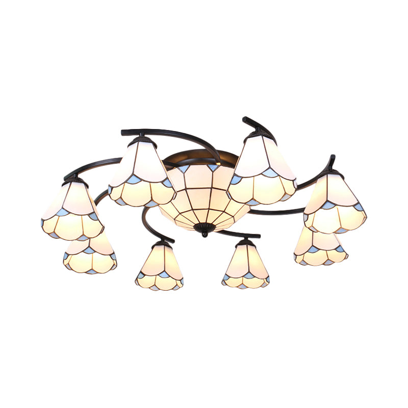 Dome/Conical Semi Flush Mount 11 Lights White/Blue Glass Mediterranean Ceiling Lamp for Living Room Clearhalo 'Ceiling Lights' 'Close To Ceiling Lights' 'Close to ceiling' 'Flush mount' Lighting' 317931